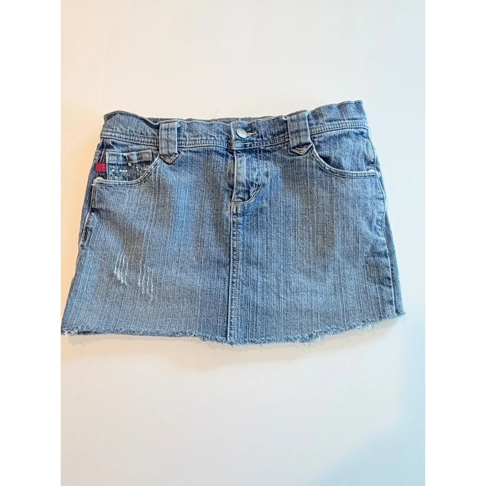Jeans Sasha Denim Mini Skirt Medium Wash Rhinestone Y2K Raw Hem Size 5